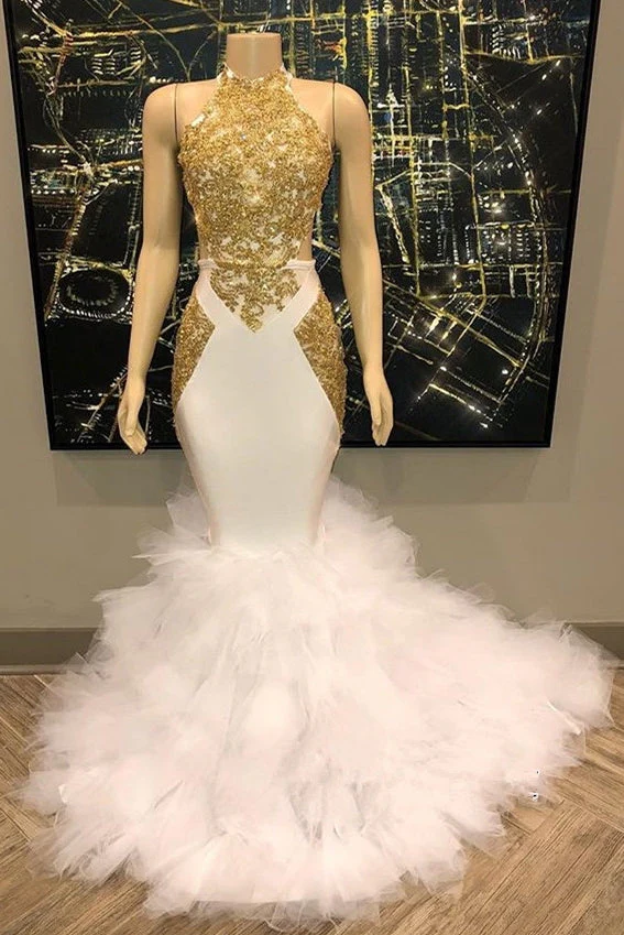 Sleeveless Golden Appliques Tulle Button Mermaid Prom Dresses - Image 2