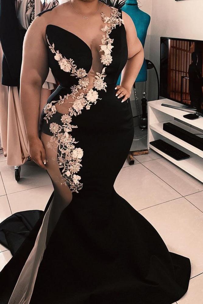 Sleeveless Jewel Sheer Appliques Chic Mermaid Prom Dresses Luxurious Elegant Black Evening Gowns With Chapel Train - Image 2