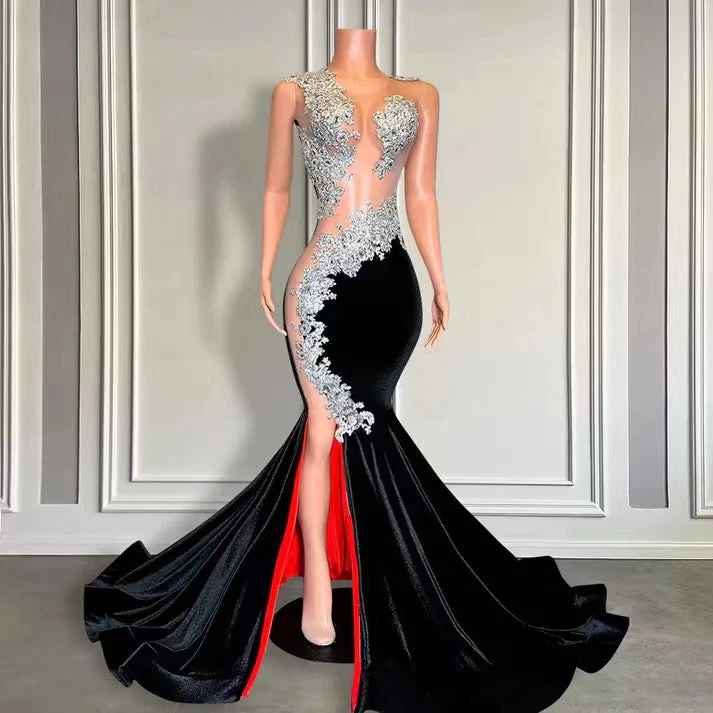 Sleeveless Long Black Velvet Mermaid Prom Dress with Appliques and Beads - Image 2