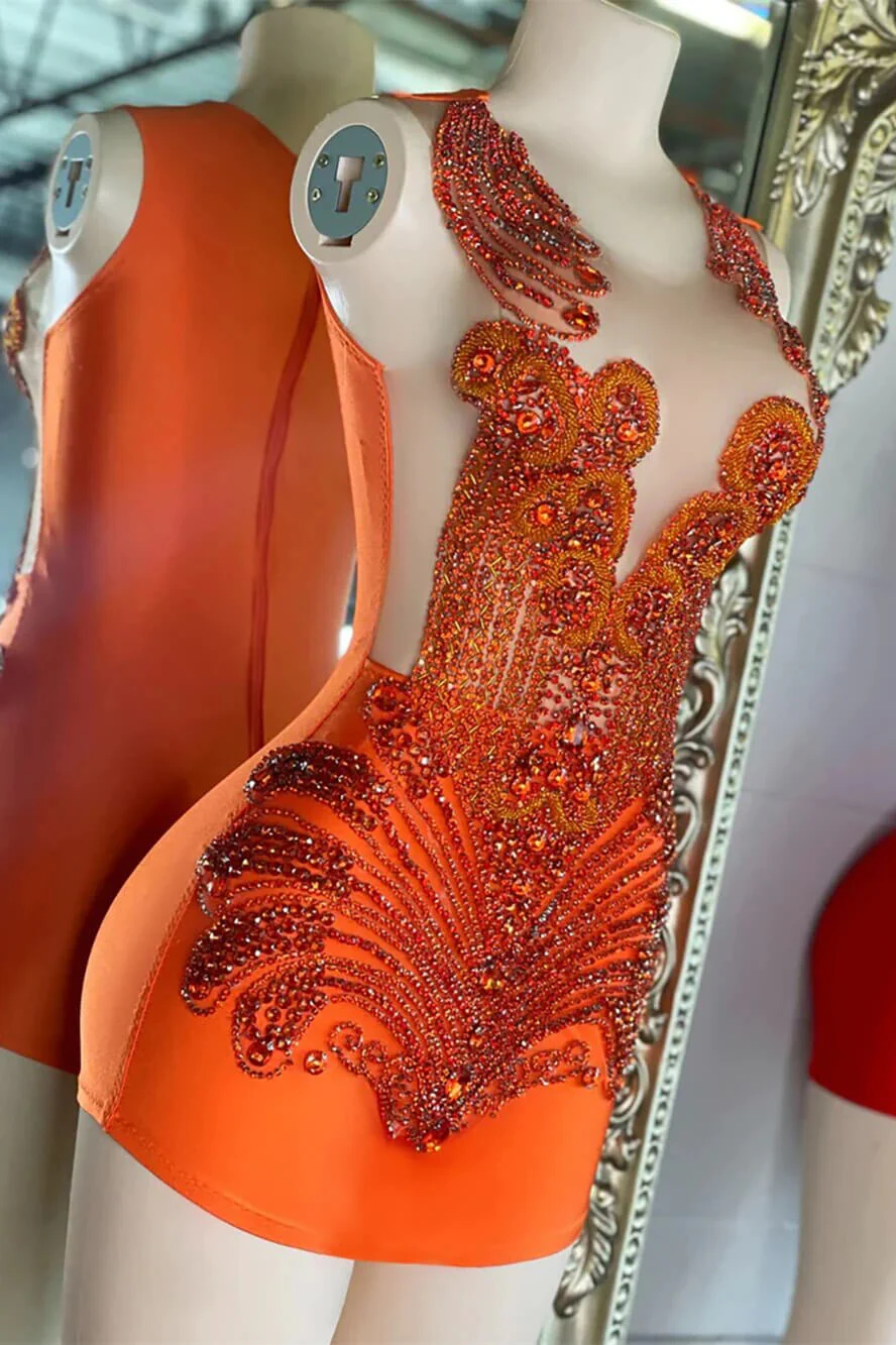 Sleeveless Orange Short Prom Dresses with Scoop Neck and Beadings - Image 3
