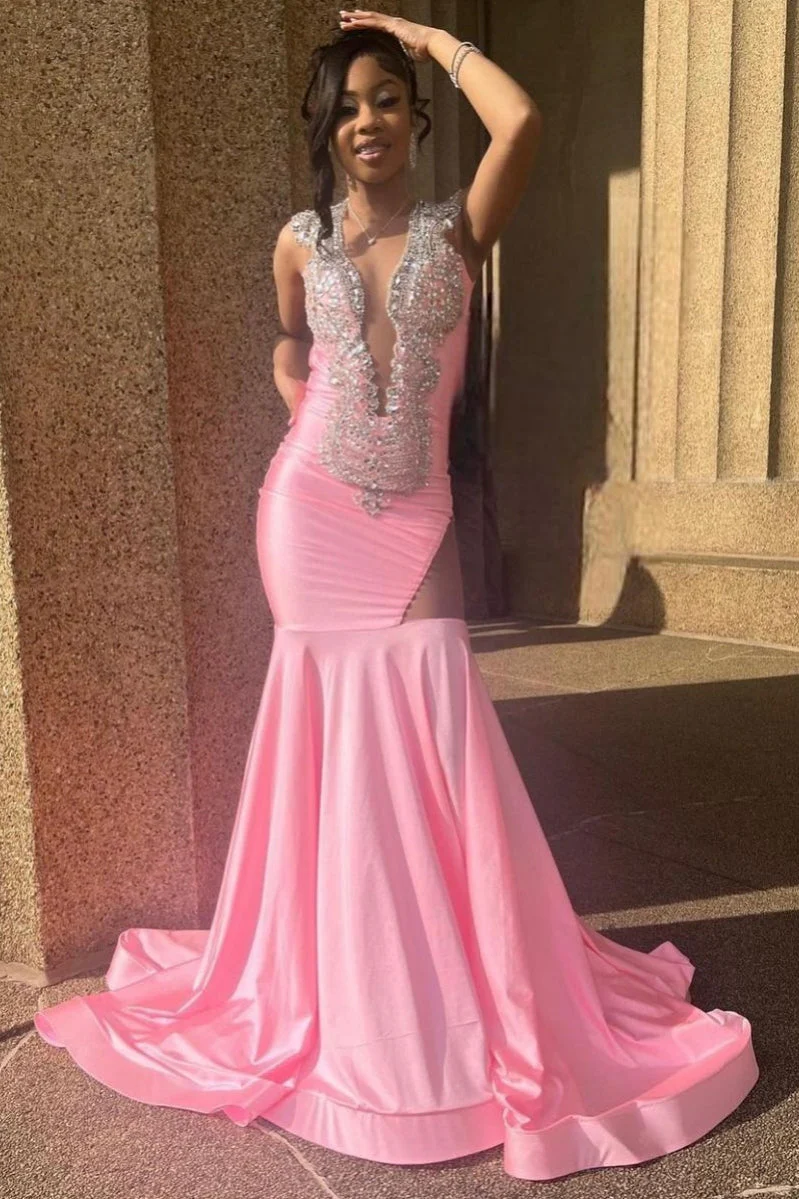 Sleeveless Pink Cutout Mermaid Long Prom Dresses - Image 3