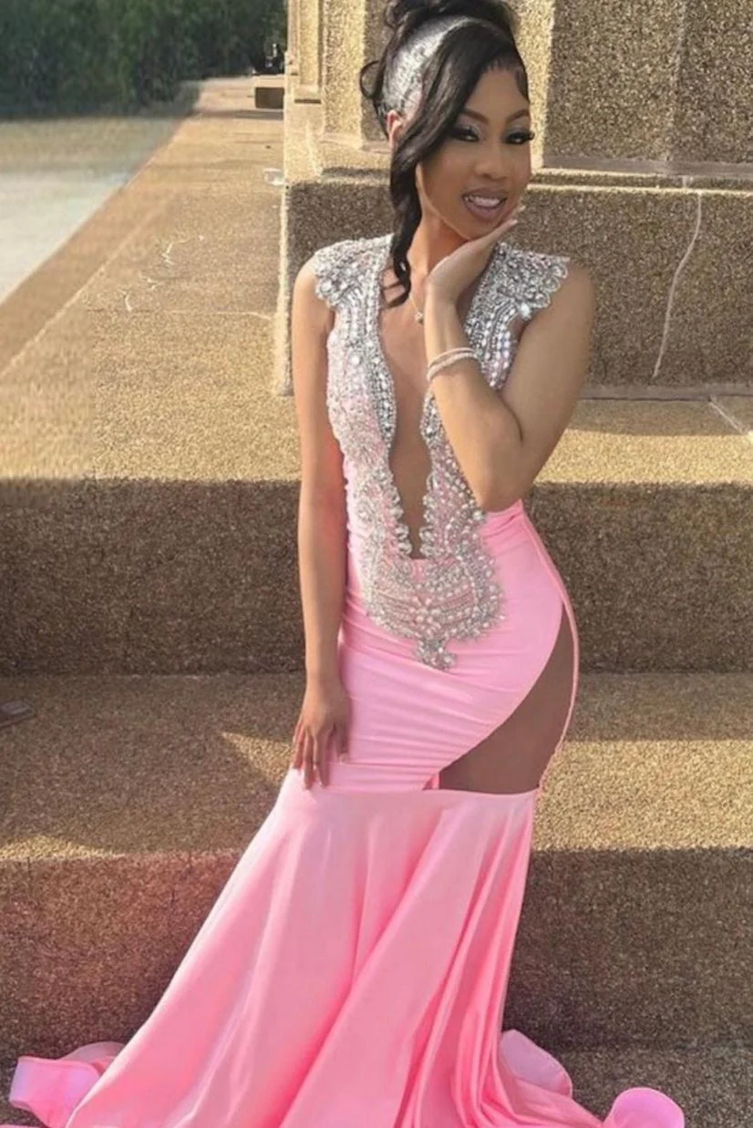 Sleeveless Pink Cutout Mermaid Long Prom Dresses - Image 4