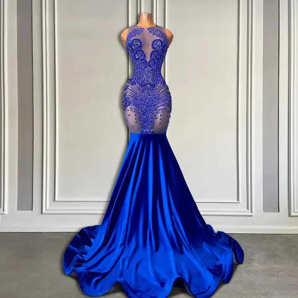 Sleeveless Royal Blue Scoop Neck Mermaid Prom Dress with Beadings - Image 2