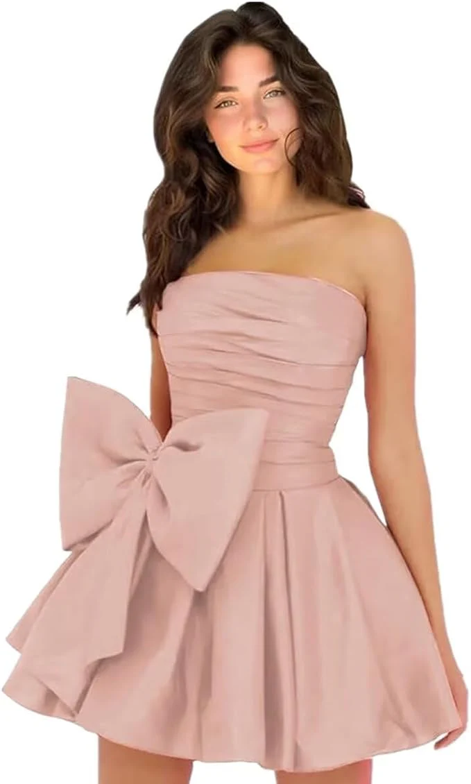 Sleeveless Ruched Short Homecoming Dresses Simple Mini Party Wear Dress with Bow - Image 15