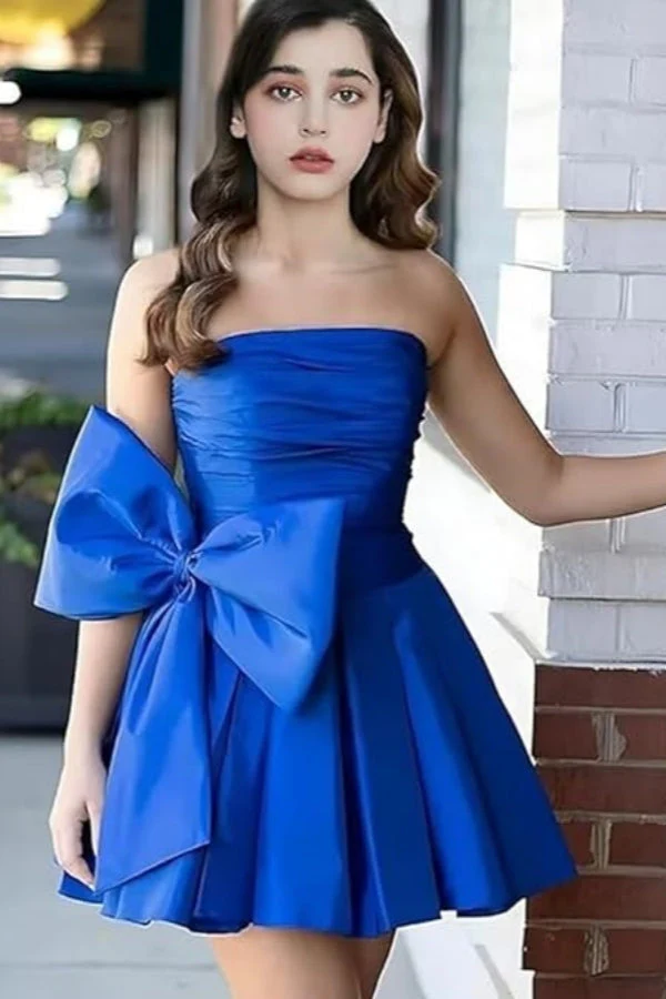 Sleeveless Ruched Short Homecoming Dresses Simple Mini Party Wear Dress with Bow - Image 3