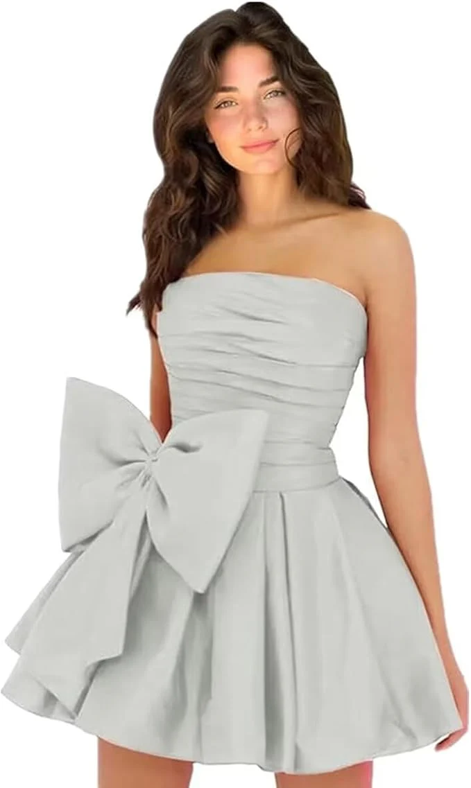 Sleeveless Ruched Short Homecoming Dresses Simple Mini Party Wear Dress with Bow - Image 36