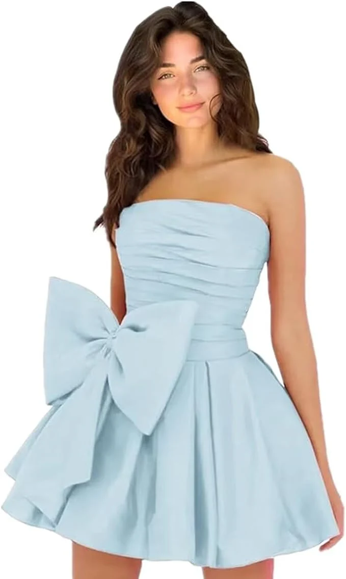 Sleeveless Ruched Short Homecoming Dresses Simple Mini Party Wear Dress with Bow - Image 37