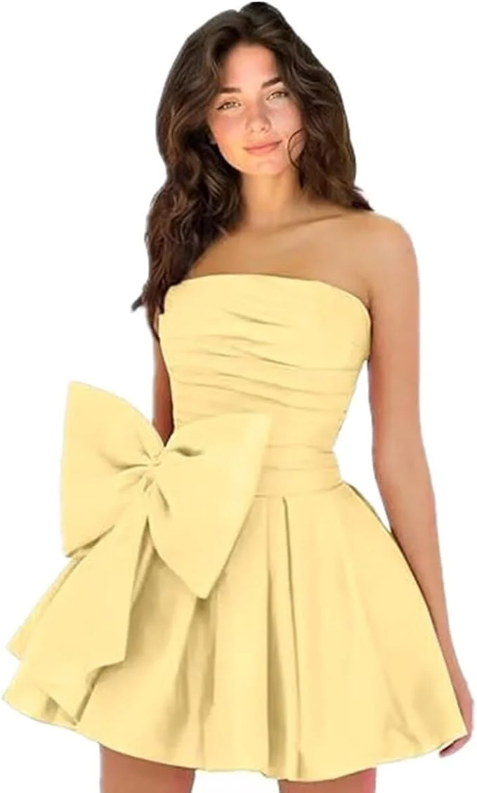 Sleeveless Ruched Short Homecoming Dresses Simple Mini Party Wear Dress with Bow - Image 38