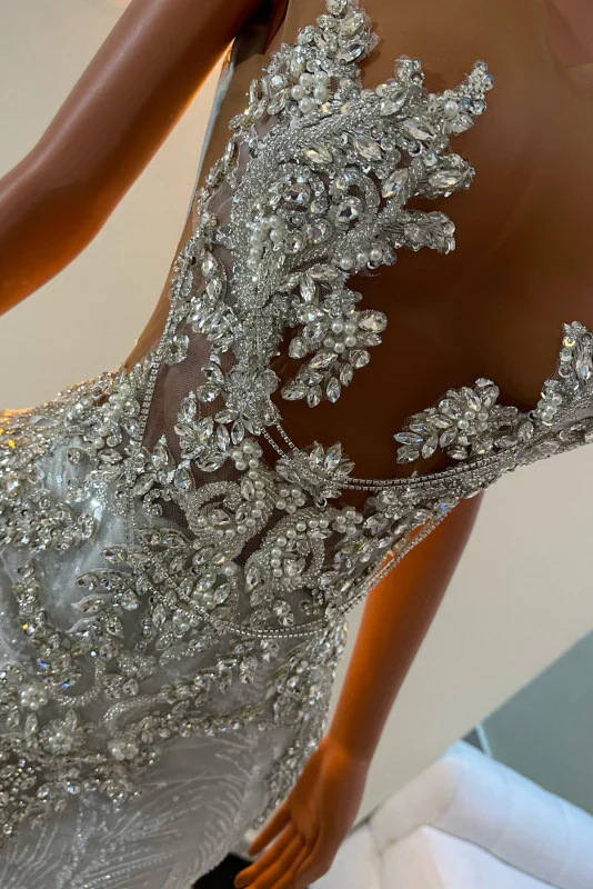 Sleeveless Silver Sparkle Appliques V-neck Mermaid Court Train Prom Dresses - Image 2