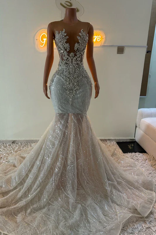 Sleeveless Silver Sparkle Appliques V-neck Mermaid Court Train Prom Dresses - Image 3