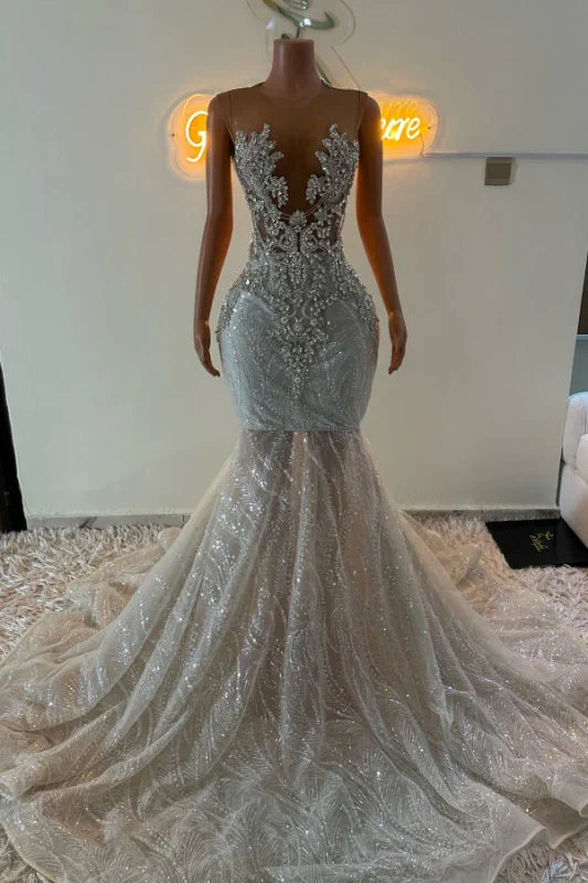 Sleeveless Silver Sparkle Appliques V-neck Mermaid Court Train Prom Dresses - Image 4