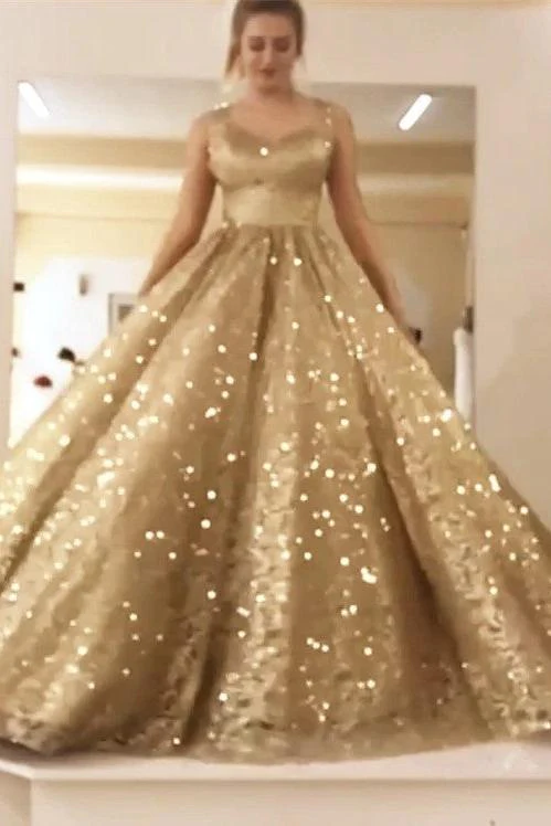 Sleeveless Straps Gold Sequin Ball Gown Long Sparkle Prom Party Gowns - Image 3