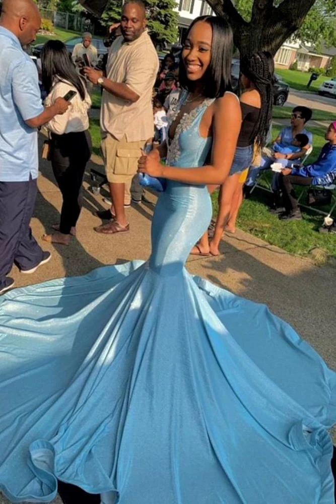 Sleeveless V-neck Appliques Court Train Mermaid Long Prom Dresses - Image 2