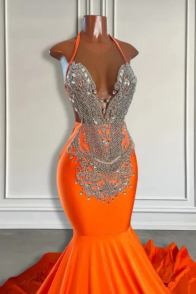Sleeveless V-Neck Halter Mermaid Prom Dress With Beadings - Image 2