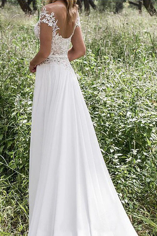 Sleeveless V neck Lace Chiffon A Line Floor Length Wedding Dresses - Image 3