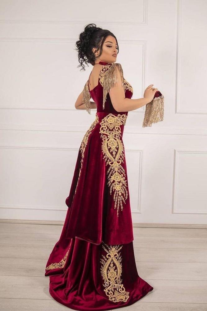 Sleeveless Velvet Burgundy Mermaid Prom Party GownsTassel Gold Appliques Evening Gown with Front Split - Image 2