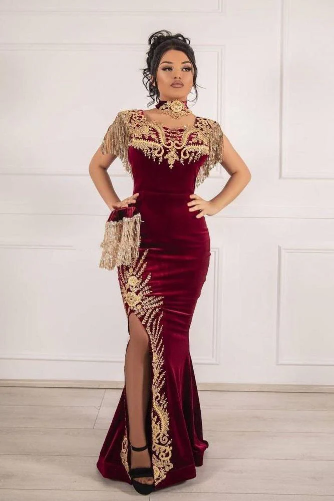 Sleeveless Velvet Burgundy Mermaid Prom Party GownsTassel Gold Appliques Evening Gown with Front Split - Image 3