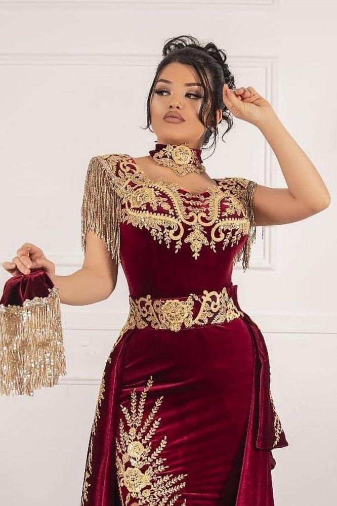 Sleeveless Velvet Burgundy Mermaid Prom Party GownsTassel Gold Appliques Evening Gown with Front Split - Image 4