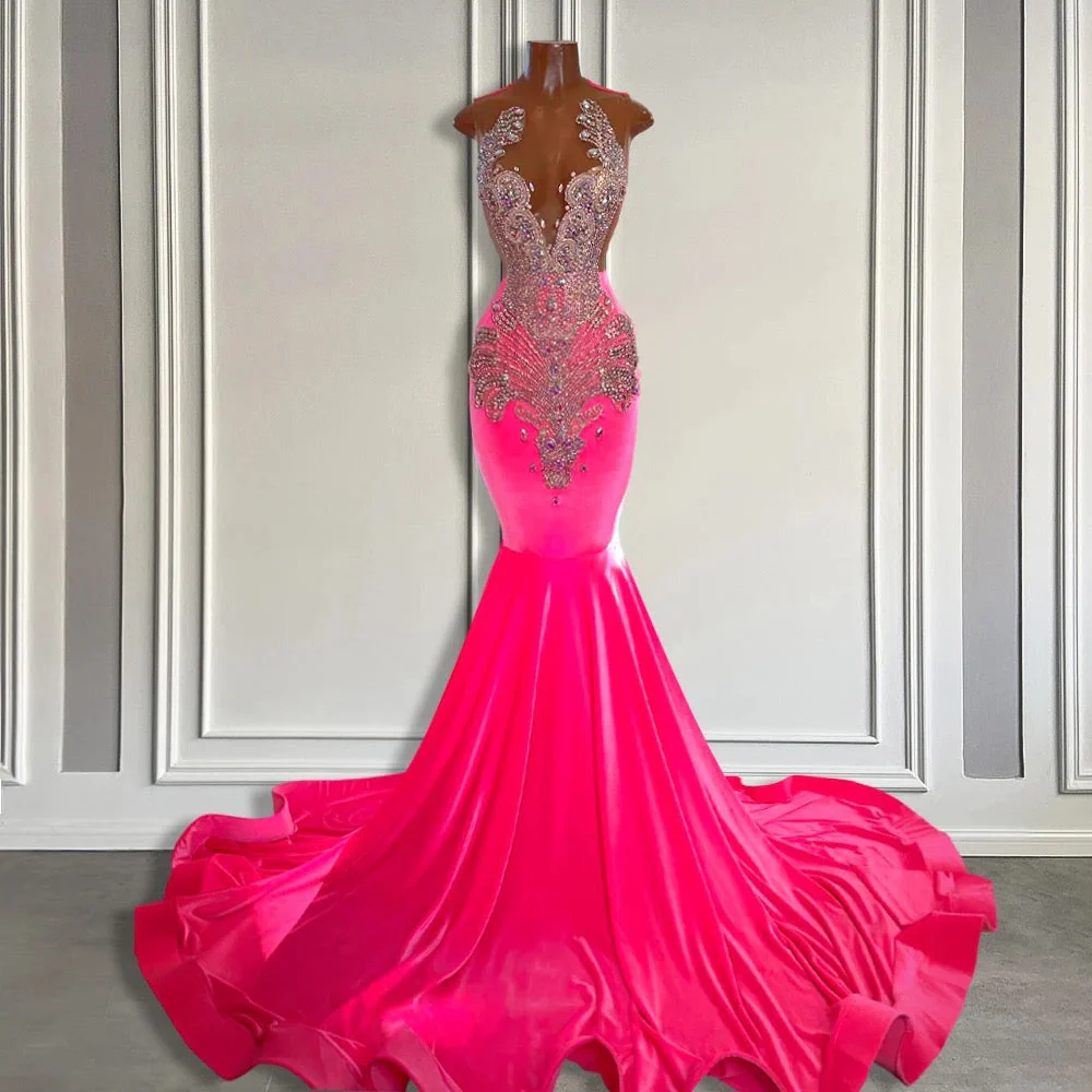 Sleeveless Velvet Mermaid Style Dress with Beadings in Pink Barbie Color - Image 2