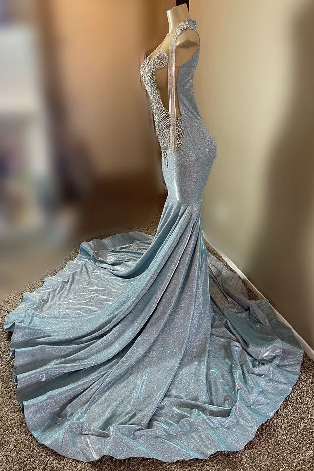 Sliver Beaded Open Back Sequin Mermaid Floor length Prom Dresses - Image 2