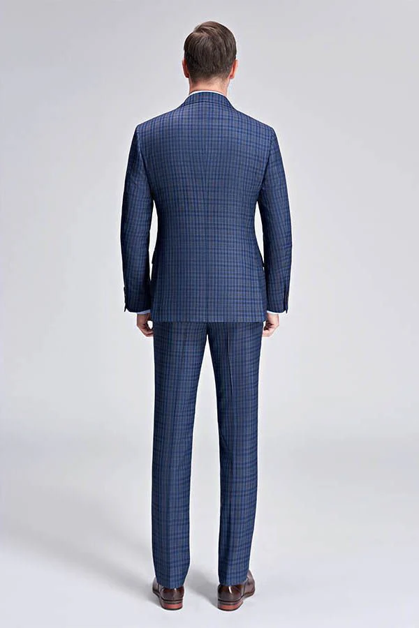 Small Checked Pattern Gentle Mens Suits Peak Lapel Blue Suits for Men - Image 2