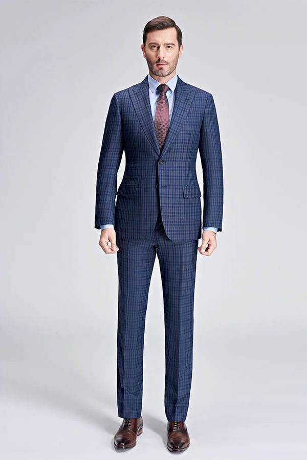 Small Checked Pattern Gentle Mens Suits Peak Lapel Blue Suits for Men - Image 3