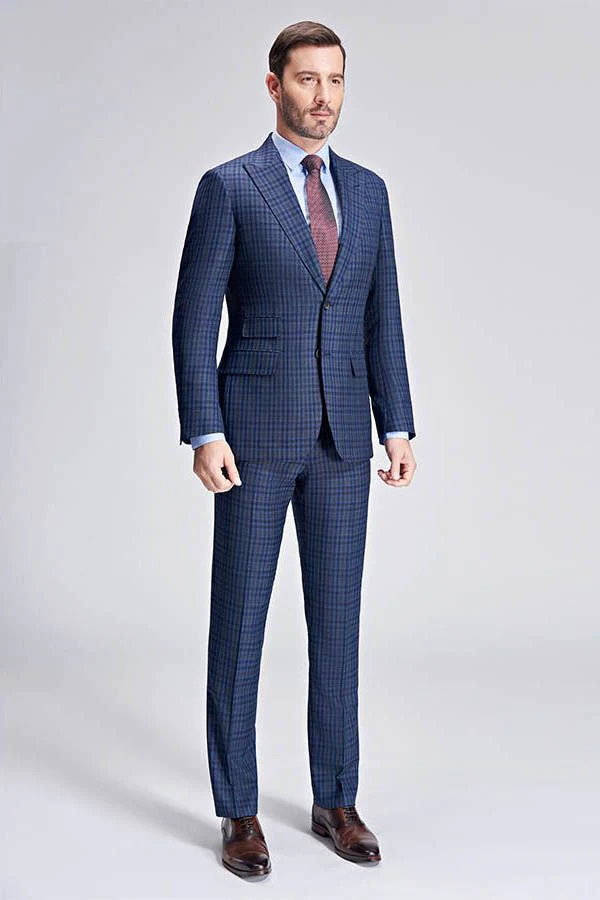 Small Checked Pattern Gentle Mens Suits Peak Lapel Blue Suits for Men - Image 4