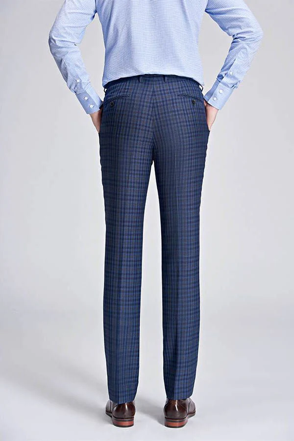 Small Checked Pattern Gentle Mens Suits Peak Lapel Blue Suits for Men - Image 5