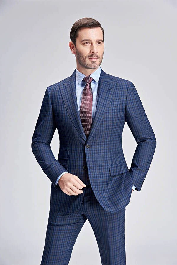 Small Checked Pattern Gentle Mens Suits Peak Lapel Blue Suits for Men - Image 6