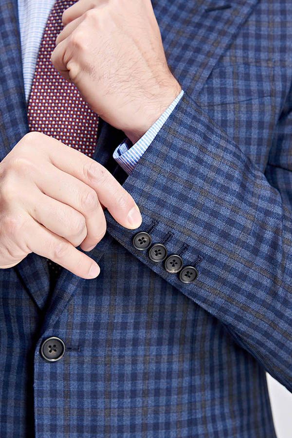 Small Checked Pattern Gentle Mens Suits Peak Lapel Blue Suits for Men - Image 7