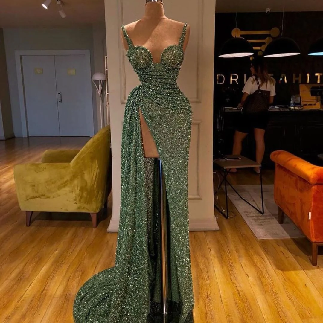 Spaghetti-Starps Shinning Sequins Mermaid Prom Dress With Split - Image 2