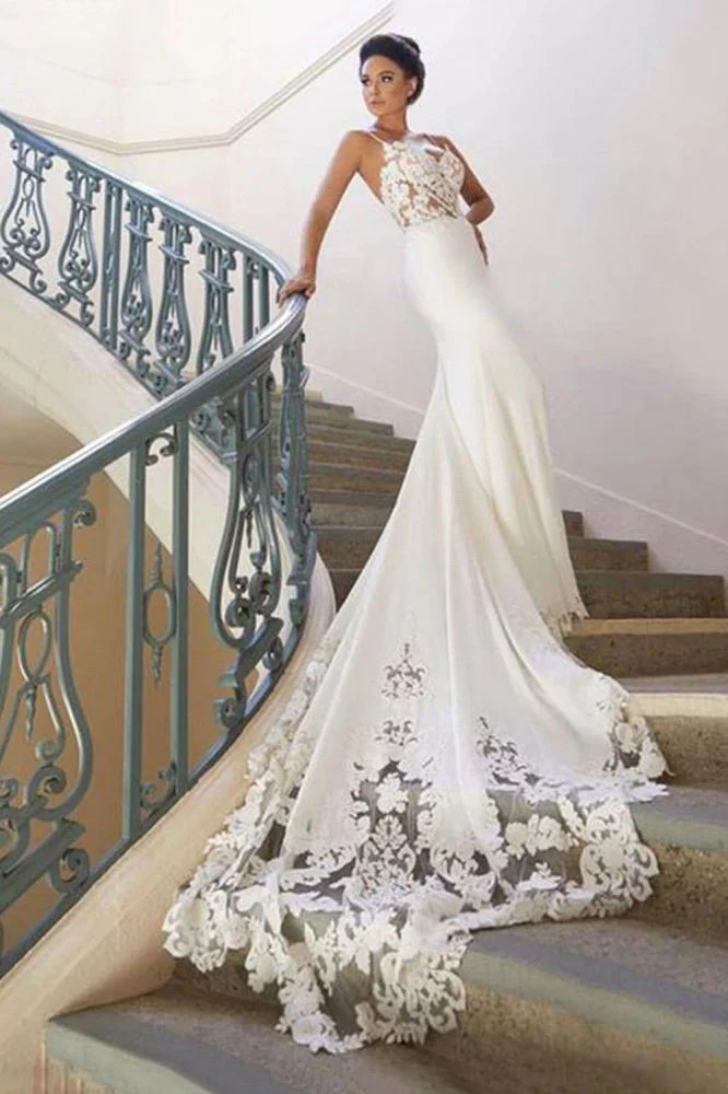 Spaghetti Strap Lace Wedding Dress Online with Chapel Train - Image 2