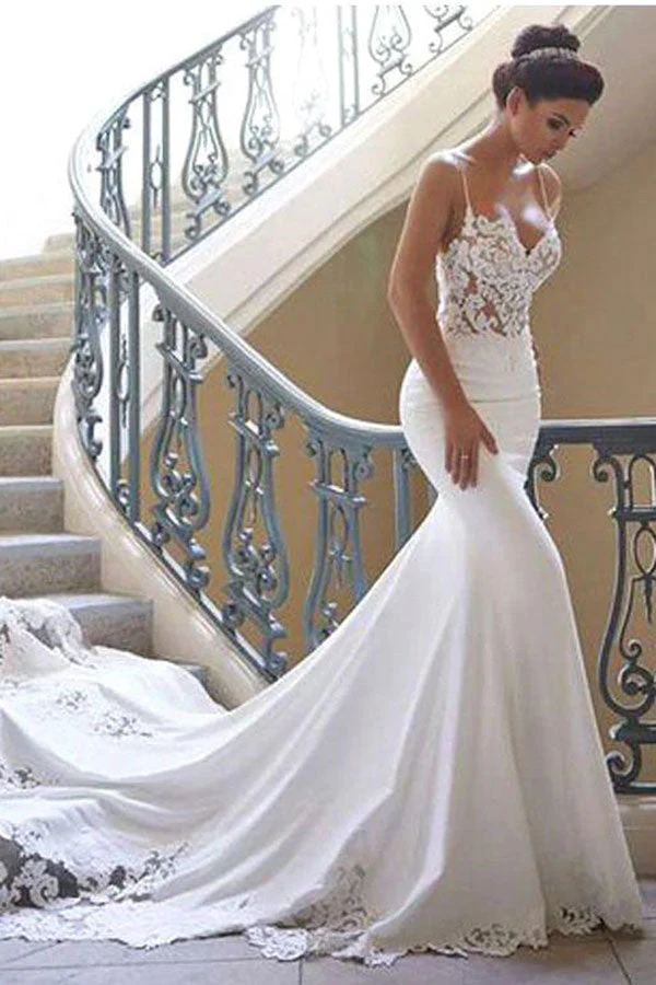 Spaghetti Strap Lace Wedding Dress Online with Chapel Train - Image 3
