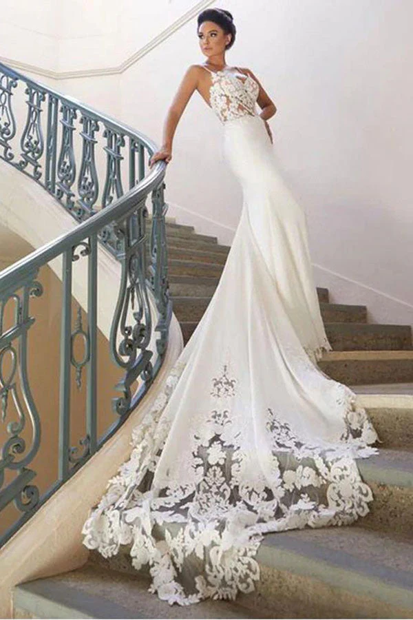 Spaghetti Strap Lace Wedding Dress Online with Chapel Train - Image 4