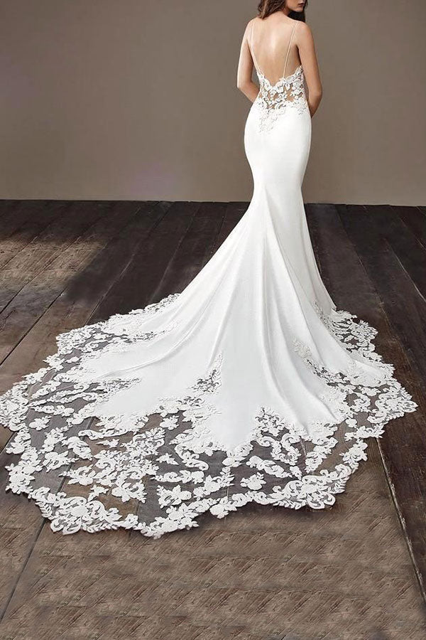 Spaghetti Strap Lace Wedding Dress Online with Chapel Train - Image 5