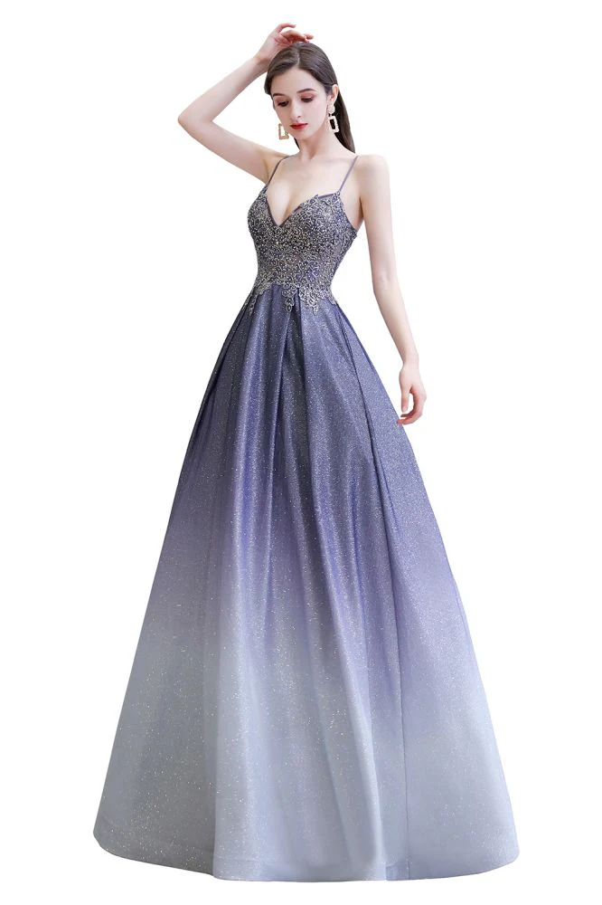 Spaghetti Strap Ombre Pruple Sparkle Prom Dresses - Image 10