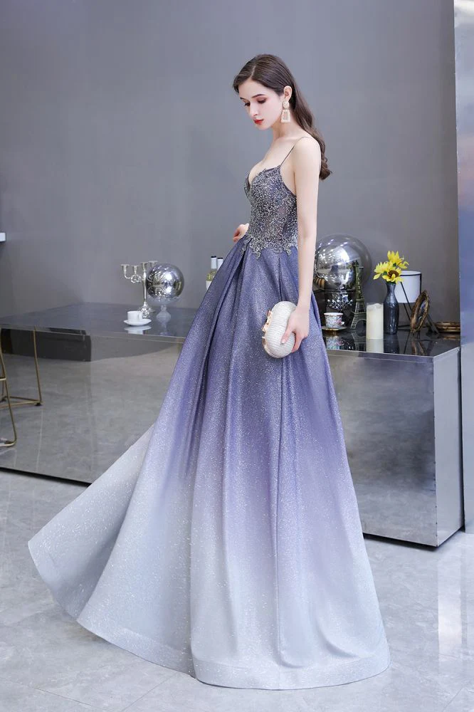 Spaghetti Strap Ombre Pruple Sparkle Prom Dresses - Image 13