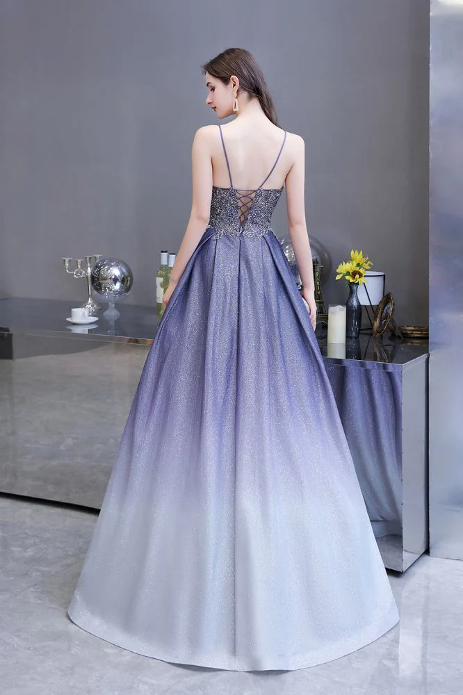 Spaghetti Strap Ombre Pruple Sparkle Prom Dresses - Image 2