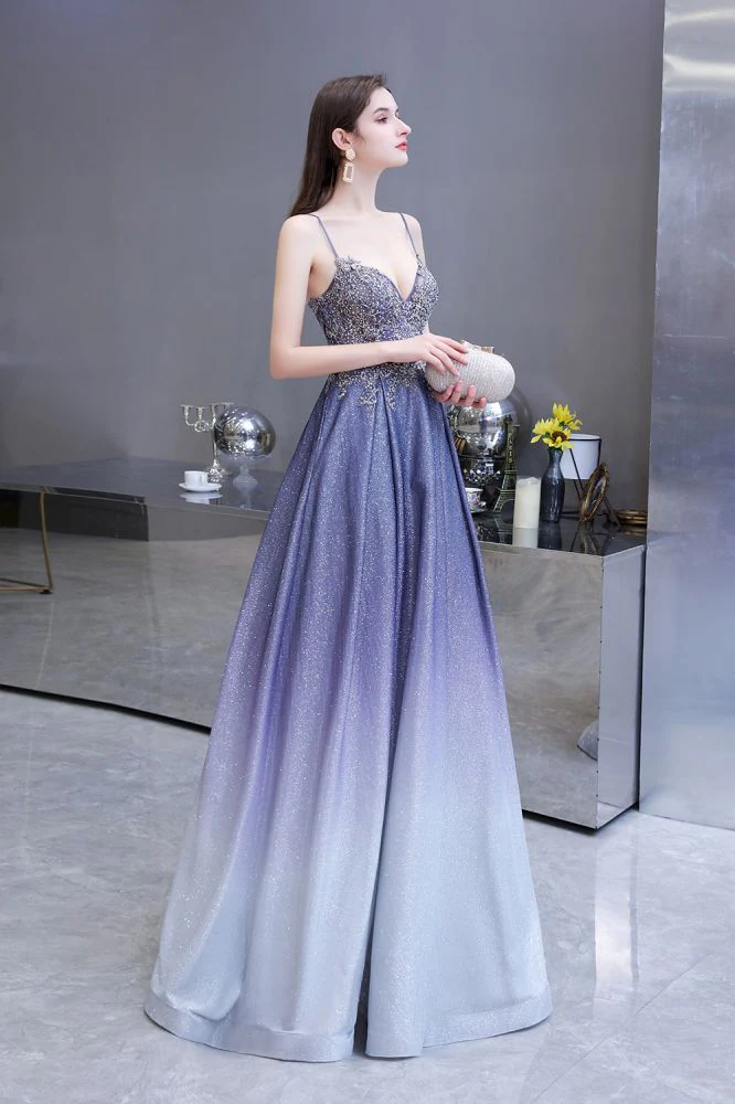 Spaghetti Strap Ombre Pruple Sparkle Prom Dresses - Image 3