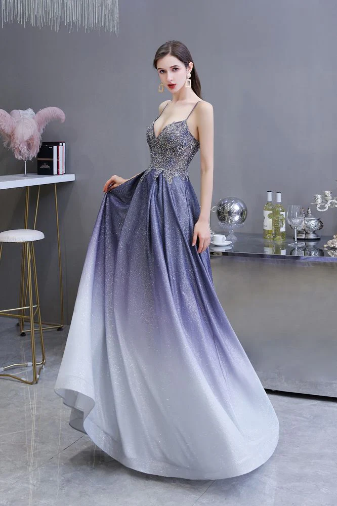 Spaghetti Strap Ombre Pruple Sparkle Prom Dresses - Image 4
