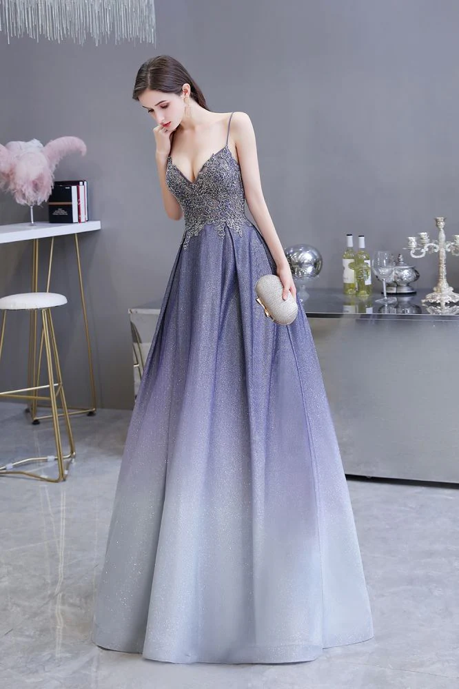 Spaghetti Strap Ombre Pruple Sparkle Prom Dresses - Image 5