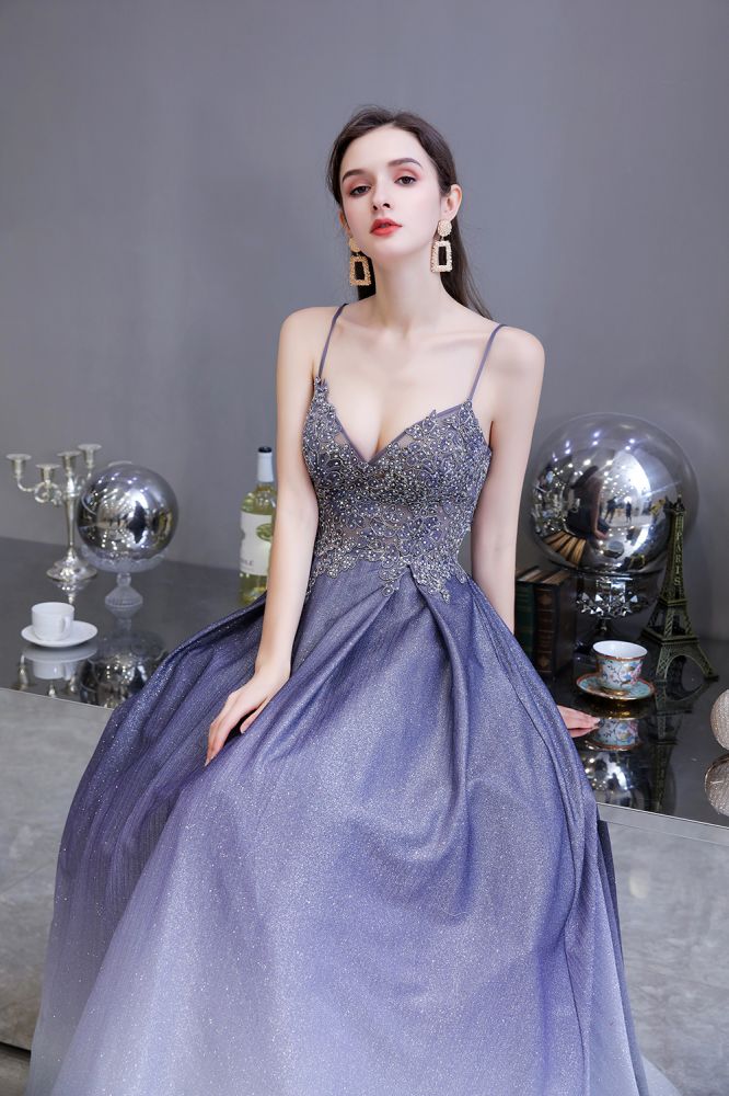Spaghetti Strap Ombre Pruple Sparkle Prom Dresses - Image 7