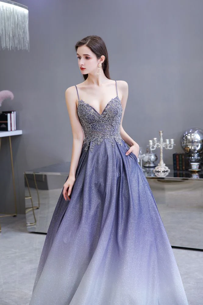 Spaghetti Strap Ombre Pruple Sparkle Prom Dresses - Image 9