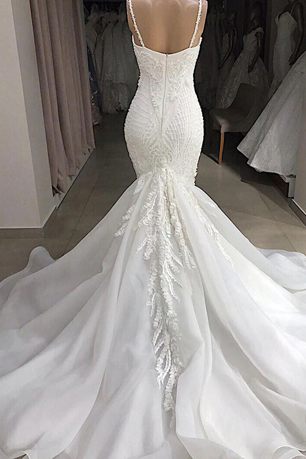 Spaghetti Strap Real Model White Mermaid Wedding Dresses with AmazingLace Appliques - Image 2
