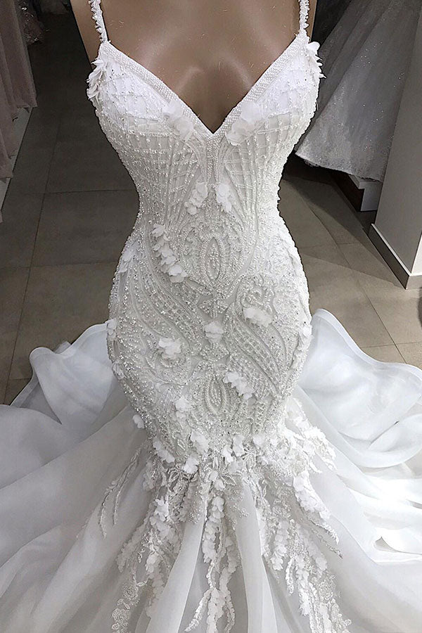Spaghetti Strap Real Model White Mermaid Wedding Dresses with AmazingLace Appliques - Image 3