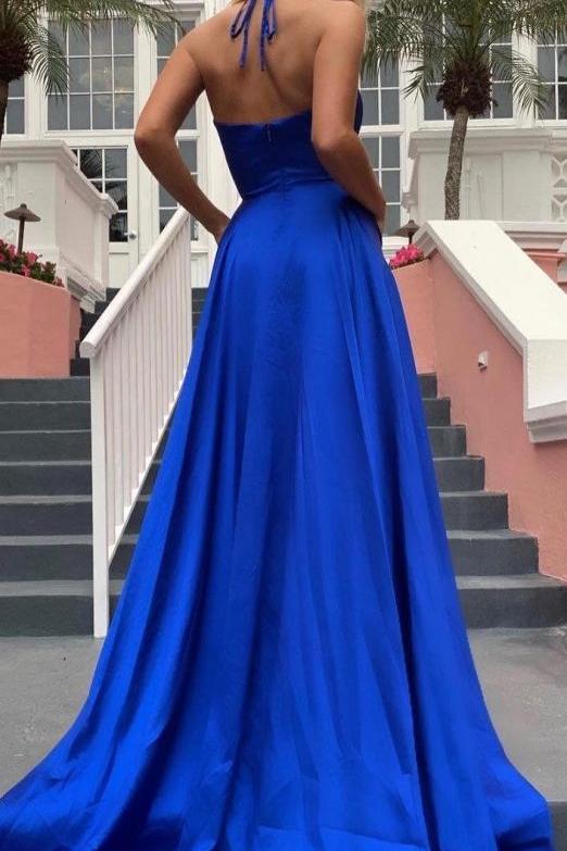 Spaghetti Strap Shiny Royal Blue Prom Party Gowns with High Split Chic V-neck Princess Evening dress On Sale - Image 4