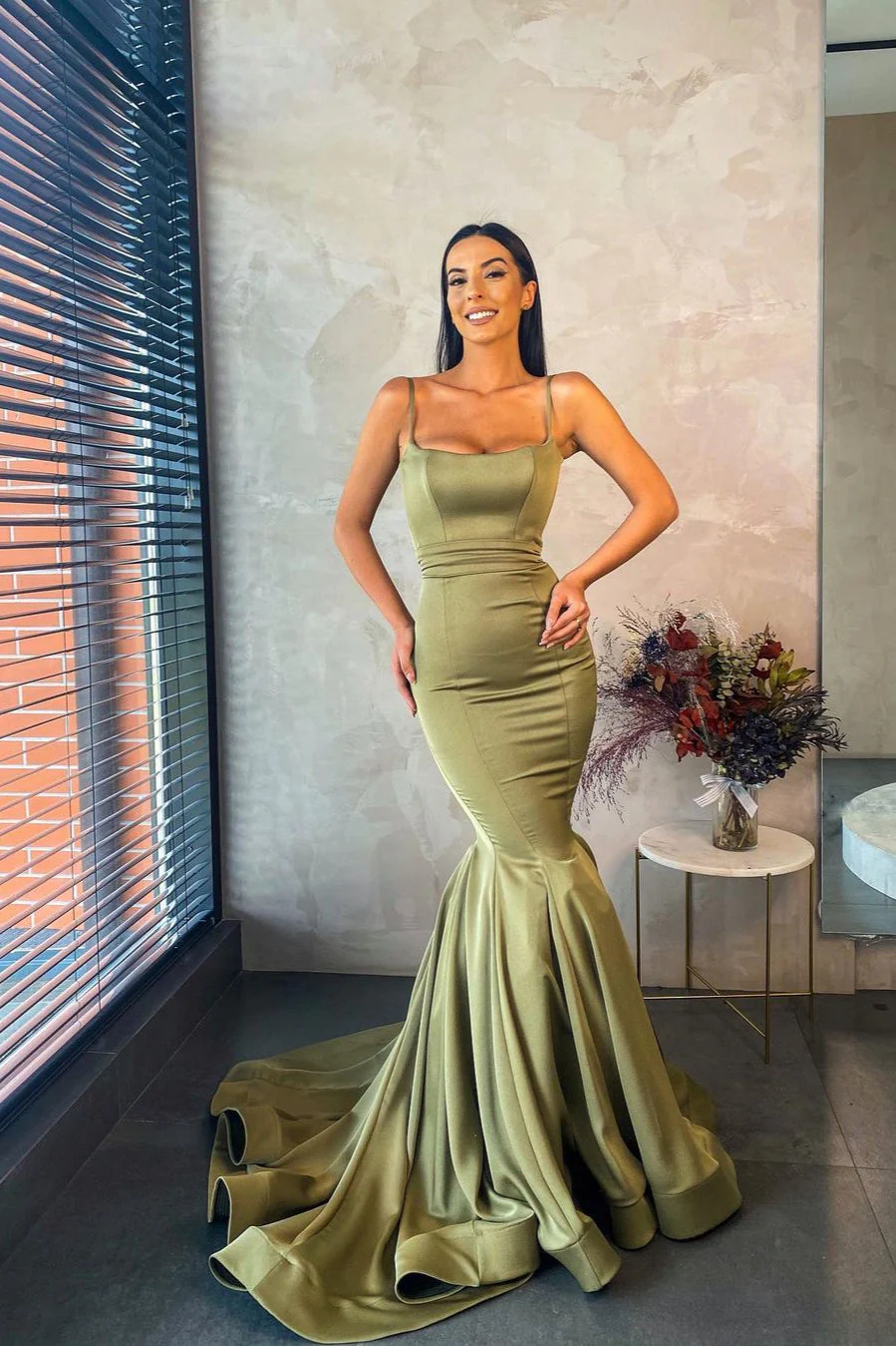 Spaghetti Straps Chiffon Green Mermaid Evening Dress Long - Image 2