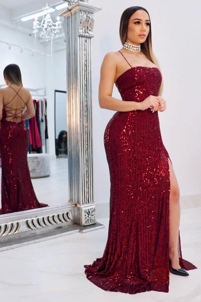 Spaghetti-straps Criss-cross Long Slit Sequins Mermaid Prom Dresses - Image 2