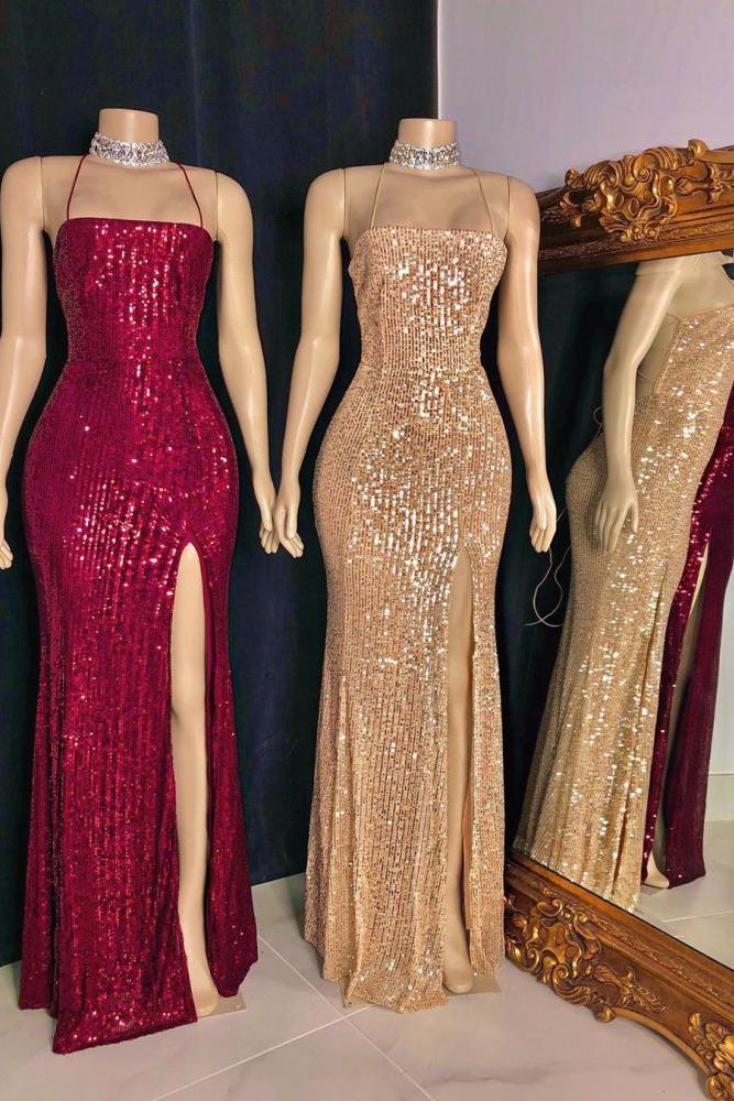 Spaghetti-straps Criss-cross Long Slit Sequins Mermaid Prom Dresses - Image 3