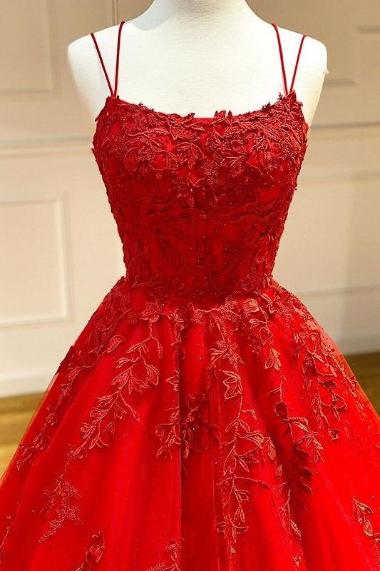 Spaghetti Straps Floral Lace Aline Evening Gown Sleeveless Prom Party Gowns - Image 2